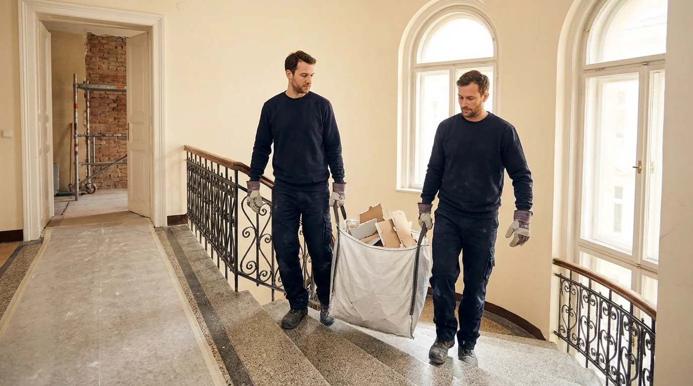 Demontage Mauerbach: Entsorgung und Abtransport – Handwerker Tage Demontage Mauerbach – Monteure tragen Big-Bag mit Bauschutt durch Stiegenhaus