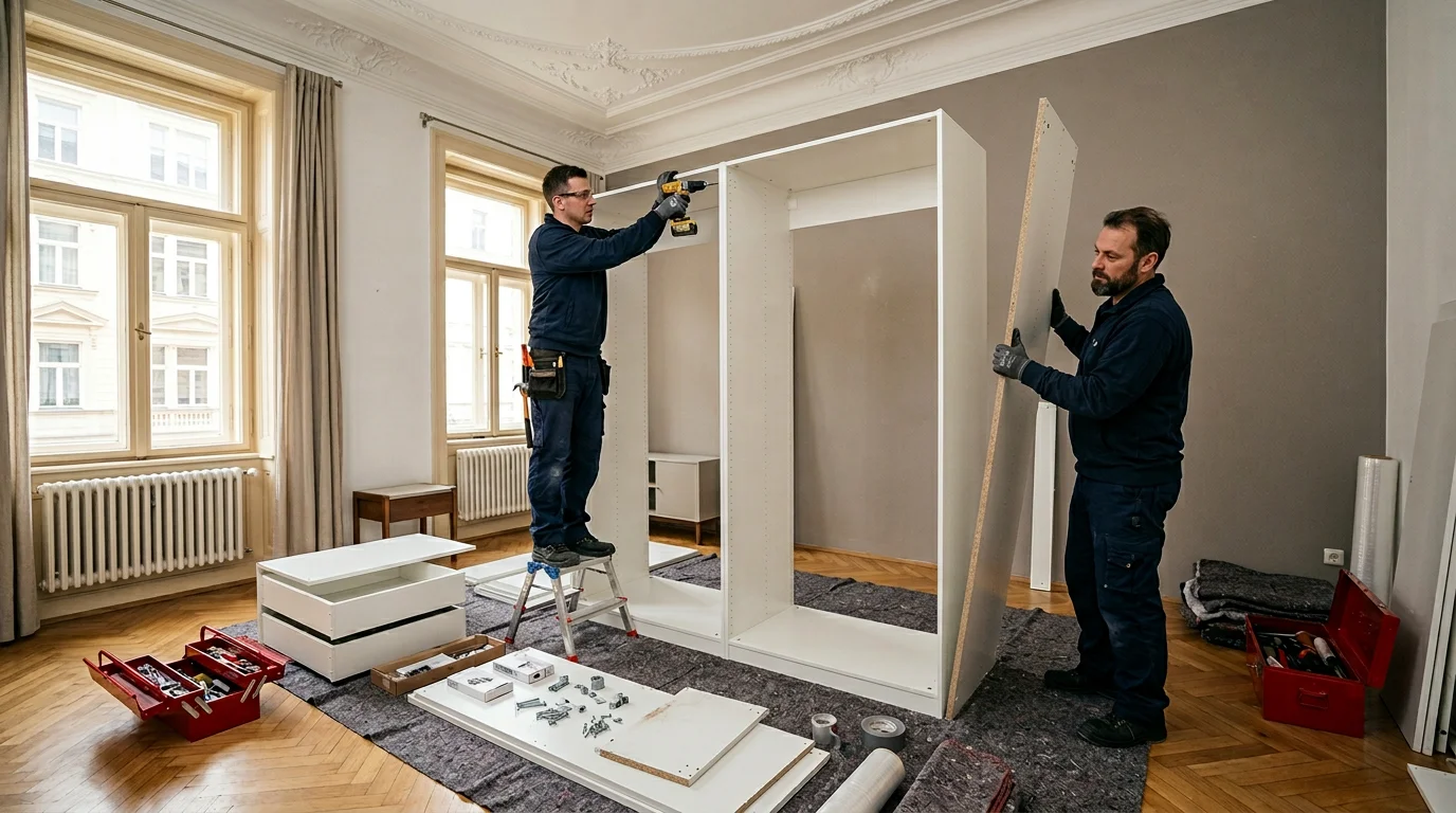 Demontage Mauerbach: Möbeldemontage – Handwerker Tage Demontage Mauerbach – Monteure zerlegen großen Schrank in Wohnung