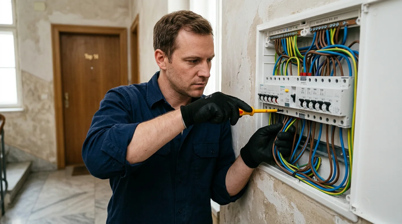 Elektriker Pottenstein: Verteilerkasten-Montage – Handwerker Tage Elektriker Pottenstein – Monteur bei der Arbeit am Sicherungsverteiler