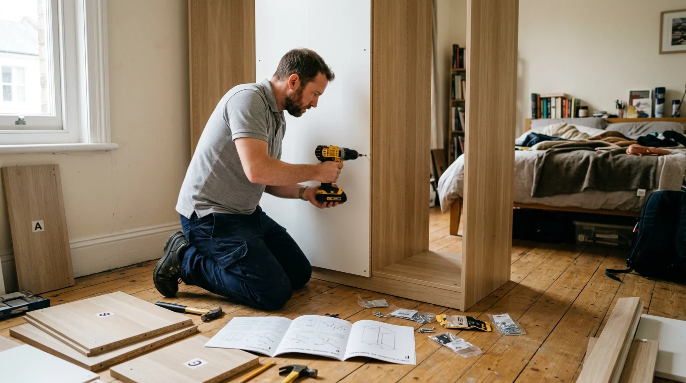 Möbelmontage Schwechat: Schrank aufbauen lassen – Handwerker Tage Möbelmontage Schwechat – Monteur beim fachgerechten Aufbau eines Kleiderschranks mit Akku-Bohrmaschine