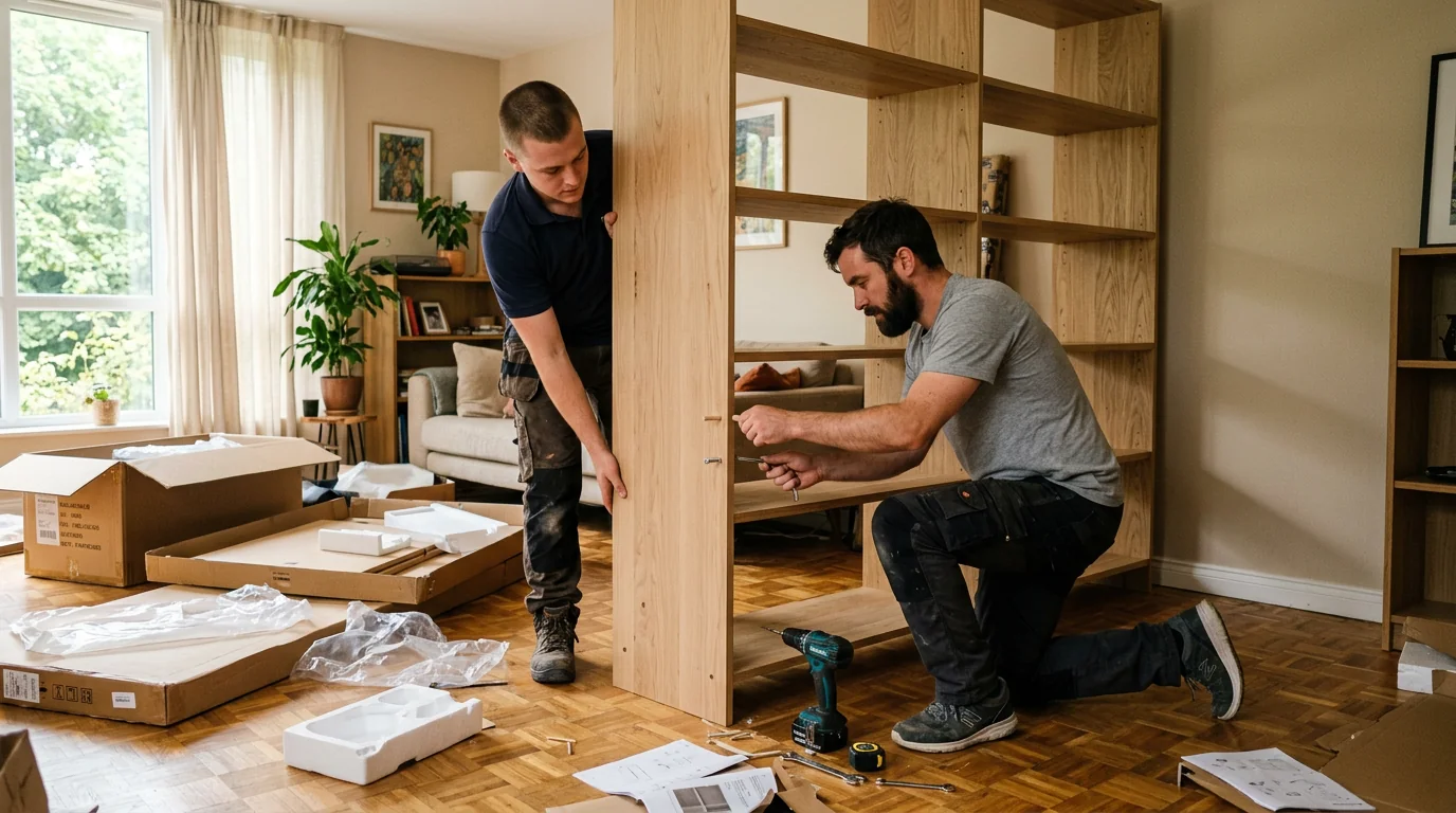 Professionelle Möbelmontage Schwechat: Teamarbeit vor Ort – Handwerker Tage Professionelle Möbelmontage Schwechat – zwei Monteure bauen gemeinsam ein großes Regal auf